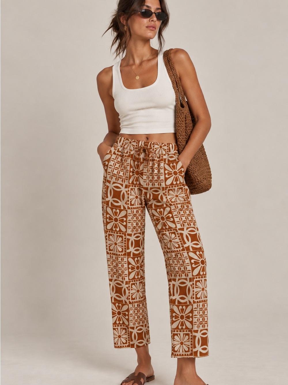 ZARA • 100% cotton straight leg geometric floral pants